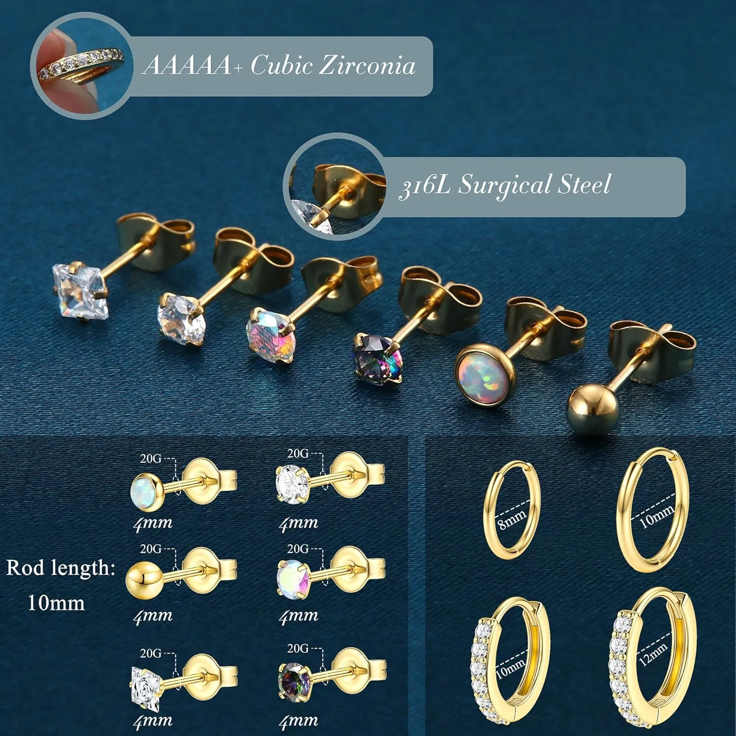 YADOCA Hypoallergenic Surgical Steel Earrings Sets for Multiple Piercing - Small Stud Earrings For Women Men - Stainless Steel Earrings Studs Hoop Earrings for Sensitive Ears Silver Gold Tone 10pairs