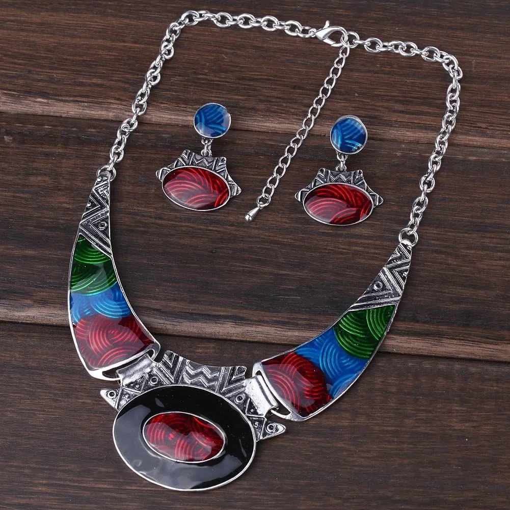 YAZILIND Ethnic Color Embossed Oval Gangle Bib Collar Earrings Necklace Jewelry Set Women