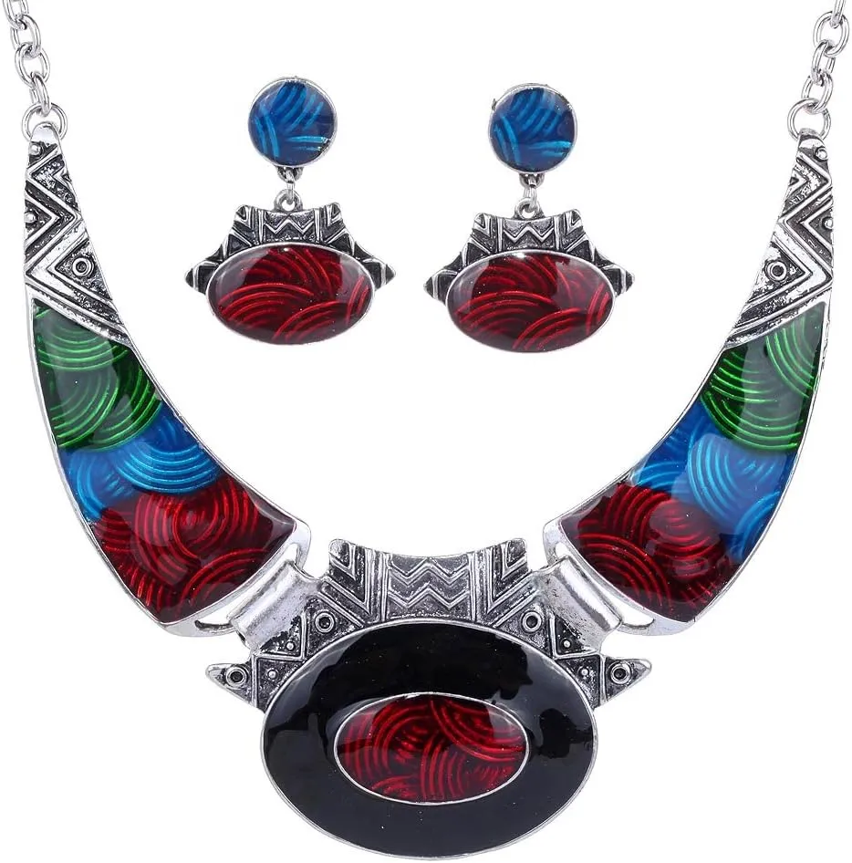 YAZILIND Ethnic Color Embossed Oval Gangle Bib Collar Earrings Necklace Jewelry Set Women