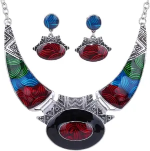 YAZILIND Ethnic Color Embossed Oval Gangle Bib Collar Earrings Necklace Jewelry Set Women