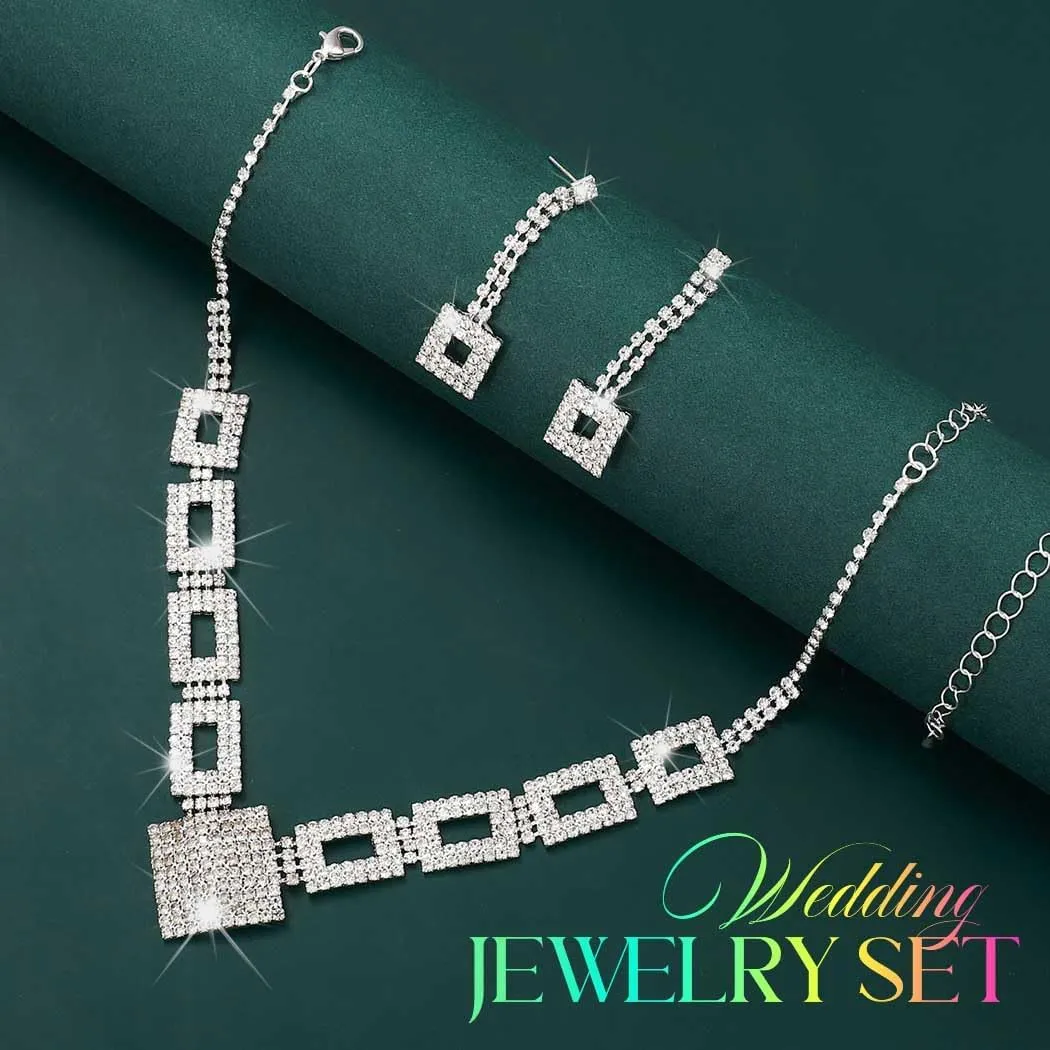 Yean Rhinestone Bride Wedding Jewelry Set Silver Crystal Necklace and Earrings Bracelet Set Prom Formal Costume Jewelry for Women