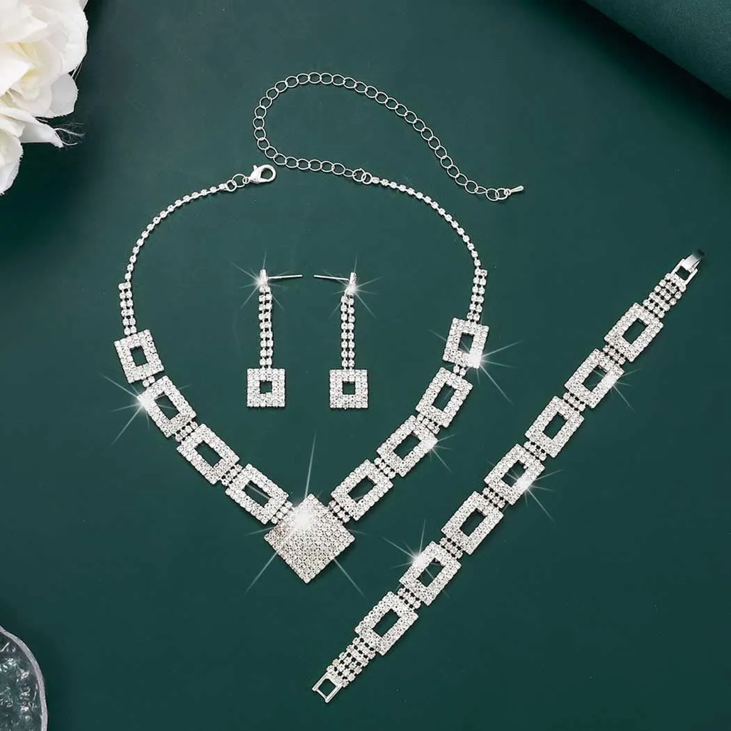 Yean Rhinestone Bride Wedding Jewelry Set Silver Crystal Necklace and Earrings Bracelet Set Prom Formal Costume Jewelry for Women