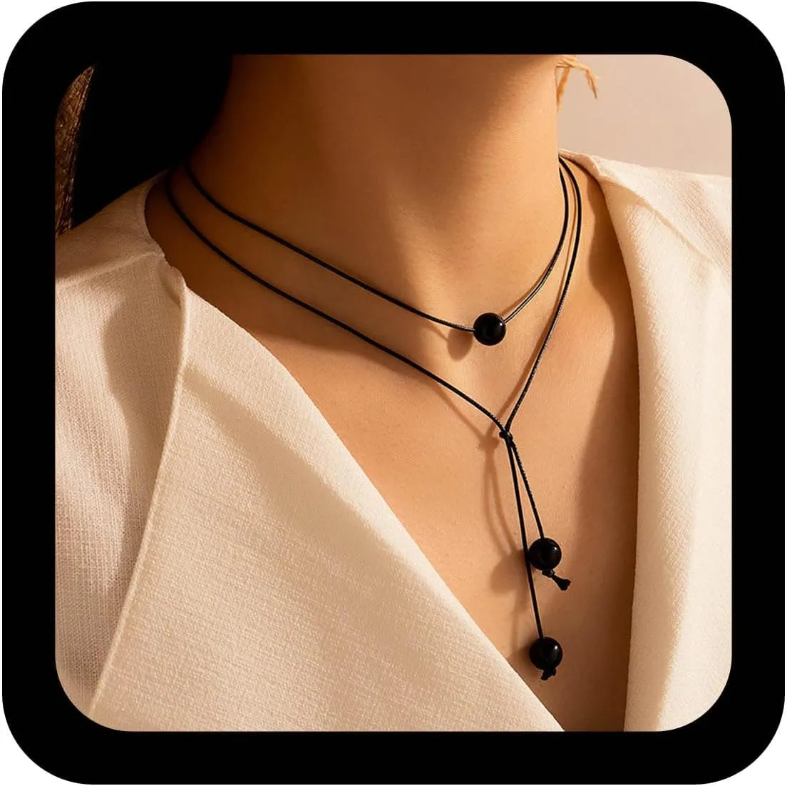 YienDoo Black Layered Leather Beads Necklace Choker Chain With 3 Black Beads Pendant For Women