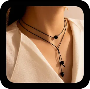 YienDoo Black Layered Leather Beads Necklace Choker Chain With 3 Black Beads Pendant For Women