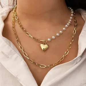 YienDoo Boho Layered Pearl Choker Necklace Chain Vintage Gold Heart Pendant Cuban Chain Necklace Rock Statement Pearl Heart Necklace Asymmetrical Pearl Strand Necklace Jewelry for Women and Girls