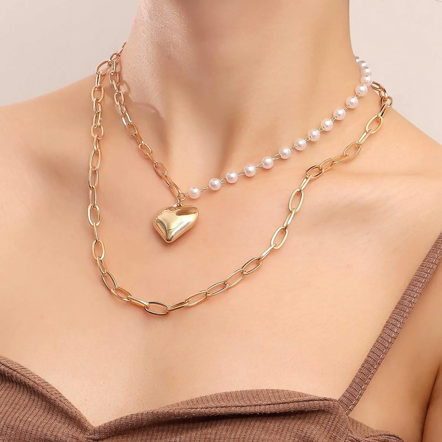 YienDoo Boho Layered Pearl Choker Necklace Chain Vintage Gold Heart Pendant Cuban Chain Necklace Rock Statement Pearl Heart Necklace Asymmetrical Pearl Strand Necklace Jewelry for Women and Girls