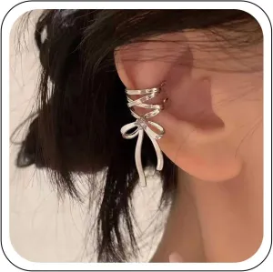 YienDoo Funky Bow Ear Cuff Earrings Silver Statement Bow Tie Ribbon Non-Piercing Cuff Earrings Cartilage Hoop Clip On Wrap Earrings Ribbon Bowknot Wedding Earrings Jewelry for Women