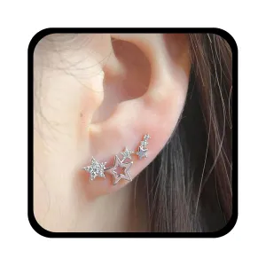 YienDoo Vintage Star Stud Earrings Silver Star Cuff Wrap Earrings Statement Rhinestone Star Cluster Earrings Bridal Crawler Star Cuff Stud Earrings Jewelry for Women