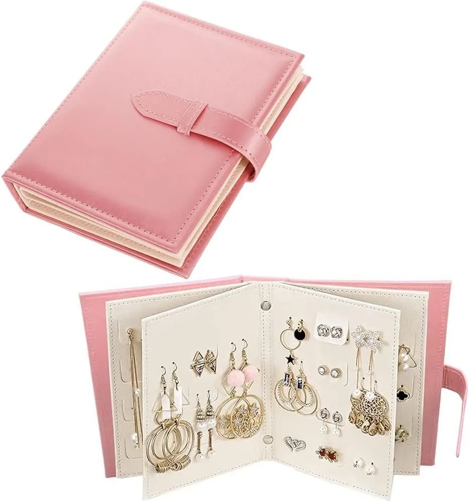Yiluana Earring Book Organizer, Portable Earring Holder Case Pu Leather Travel Earring Case with Foldable Book Design (Pink)