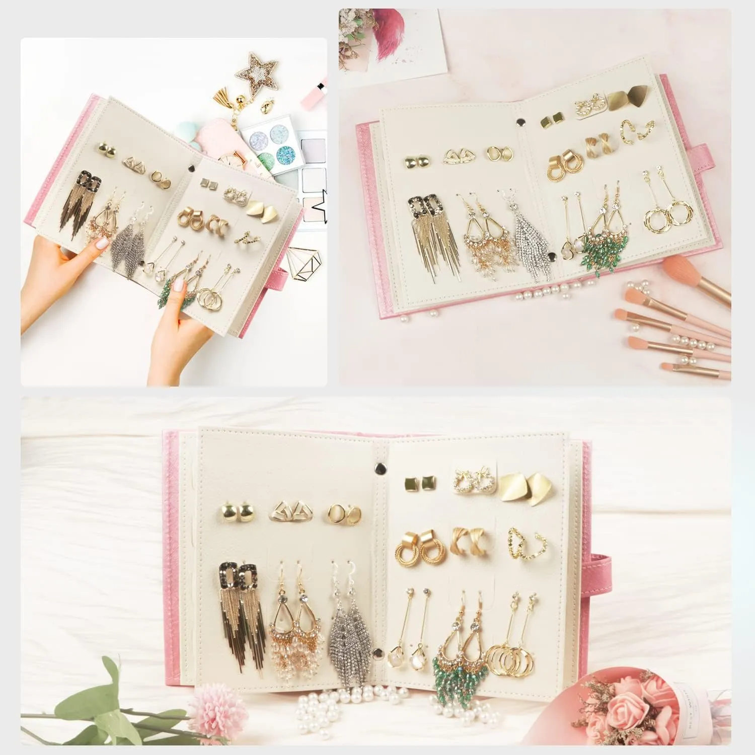 Yiluana Earring Book Organizer, Portable Earring Holder Case Pu Leather Travel Earring Case with Foldable Book Design (Pink)
