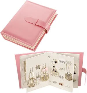 Yiluana Earring Book Organizer, Portable Earring Holder Case Pu Leather Travel Earring Case with Foldable Book Design (Pink)