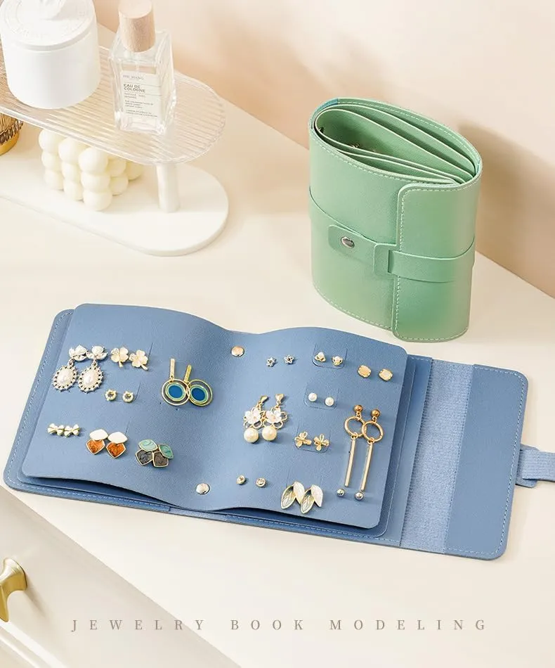 Yiluana Jewelry Organizer, Portable Earring Holder Pu Leather Travel Jewelry Organizer Case with Foldable Book Design for Girls Women (Blue)