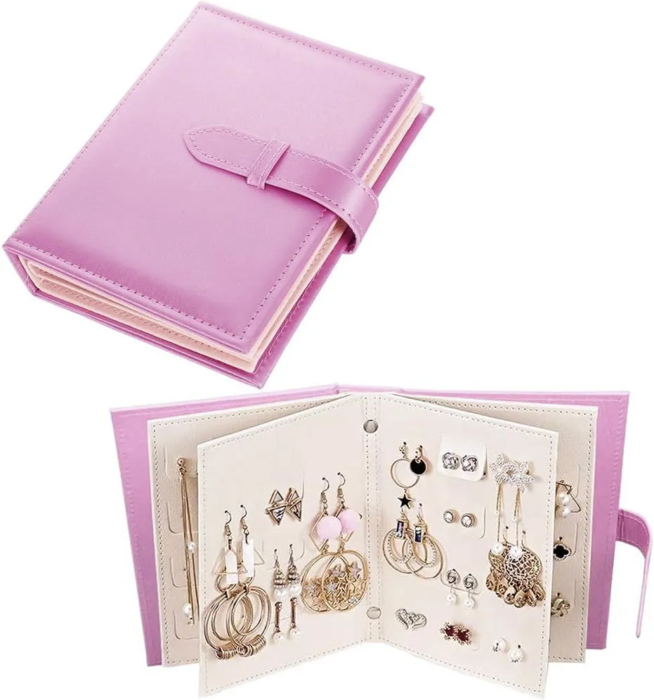 Yiluana Jewelry Organizer, Portable Earring Holder Pu Leather Travel Jewelry Organizer Case with Foldable Book Design for Girls Women (Purple)