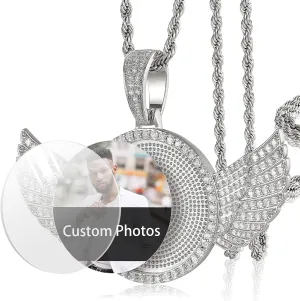 YIMERAIRE Personalized Hip Hop Memory Pendant Necklace Custom Picture Blank Pendant Charm Iced Out Round Angel Wings Rhinestone Pendant Trays Necklace with Rope Chain for Women and Men