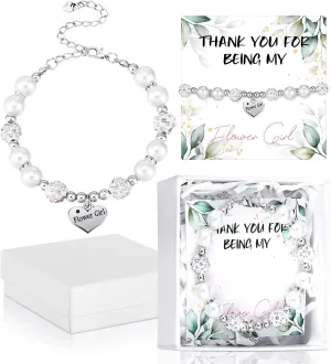 Yinkin 2 Sets Flower Girl Set for Wedding Includes 2 Flower Wristbands 2 Cards 2 Box with Raffia Heart Charm Wristbands Gift