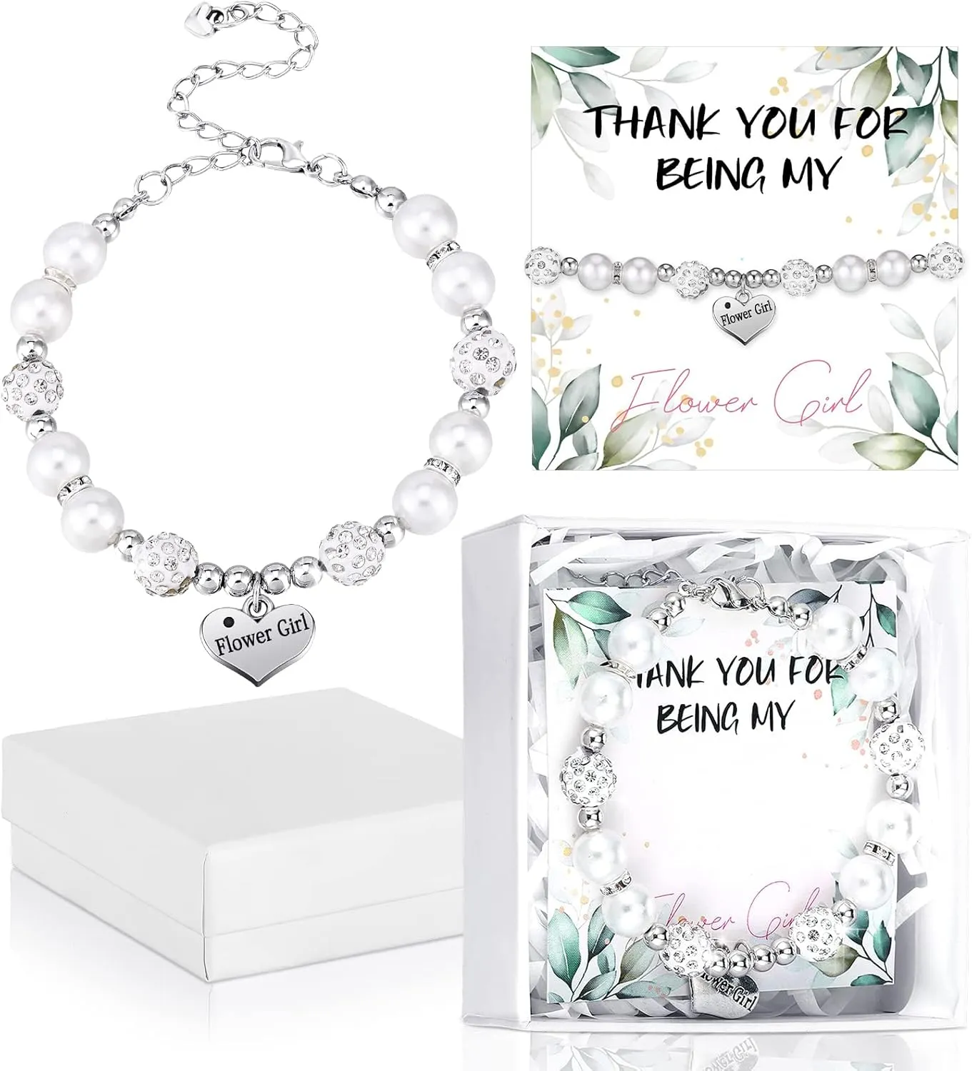 Yinkin 2 Sets Flower Girl Set for Wedding Includes 2 Flower Wristbands 2 Cards 2 Box with Raffia Heart Charm Wristbands Gift