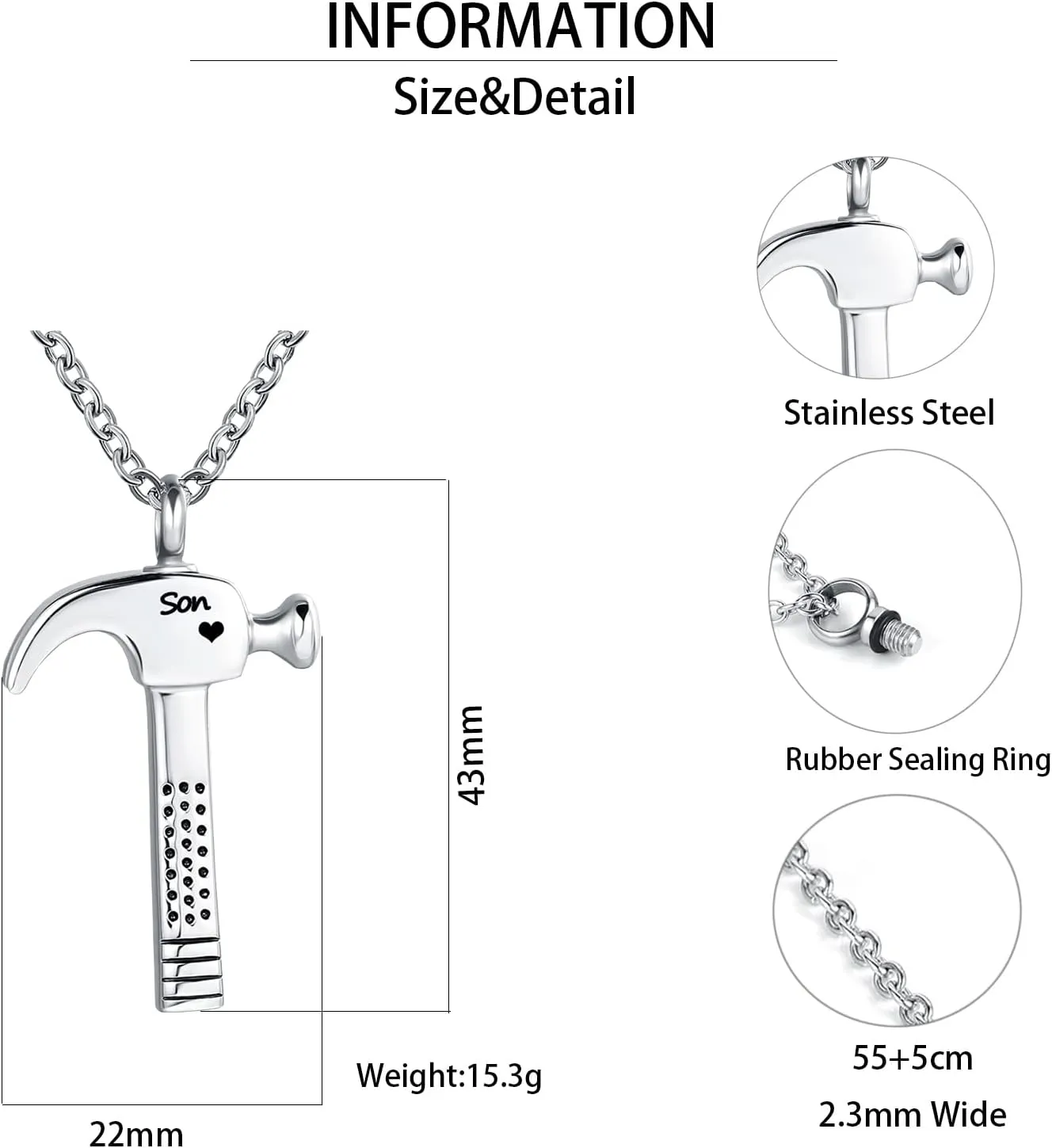 YSAHan Hammer Shape Cremation Urn Necklace Ashes Memorial Pendant Stainless Steel Locket Keepsake Jewelry for Dad Mom Grandpa