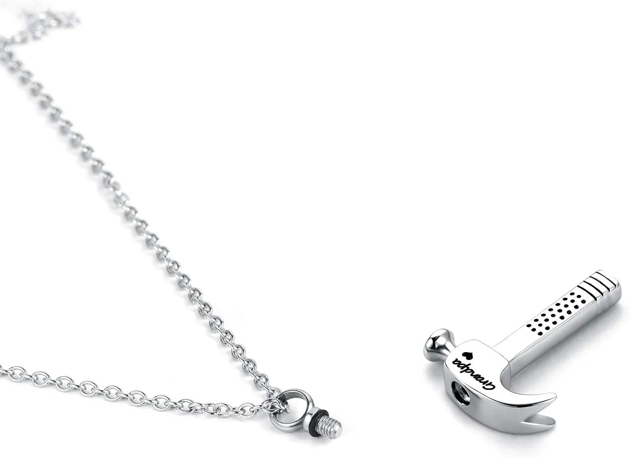 YSAHan Hammer Shape Cremation Urn Necklace Ashes Memorial Pendant Stainless Steel Locket Keepsake Jewelry for Dad Mom Grandpa