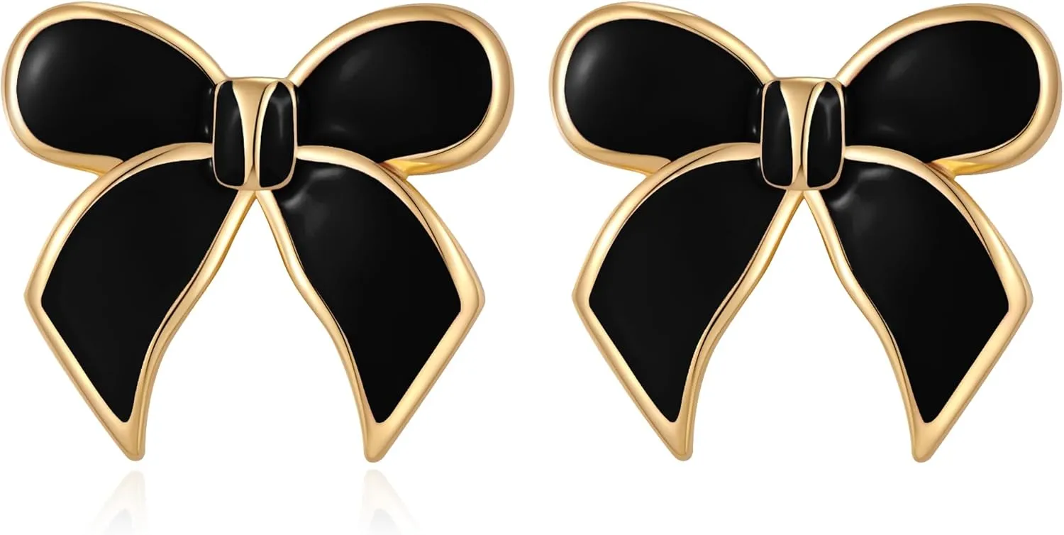 YUJIE Gold Bow Earrings for Women Teen Pink Bowtie Dainty Long Tassel Drop Stud Trendy Statement Jewelry Gift
