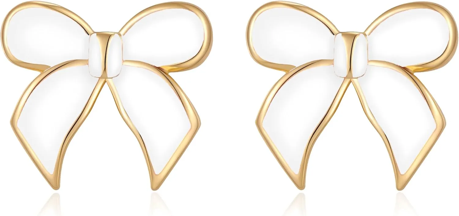 YUJIE Gold Bow Earrings for Women Teen Pink Bowtie Dainty Long Tassel Drop Stud Trendy Statement Jewelry Gift