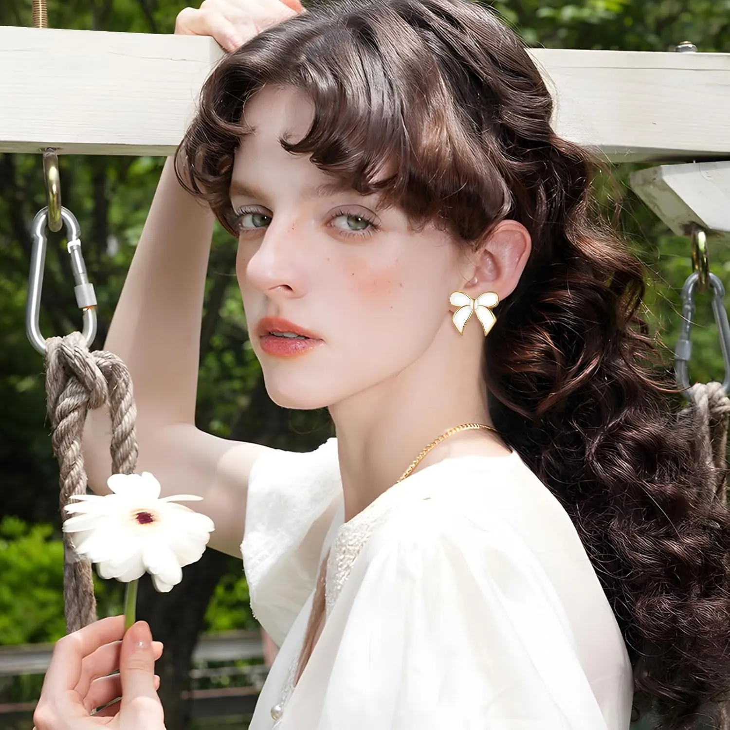 YUJIE Gold Bow Earrings for Women Teen Pink Bowtie Dainty Long Tassel Drop Stud Trendy Statement Jewelry Gift