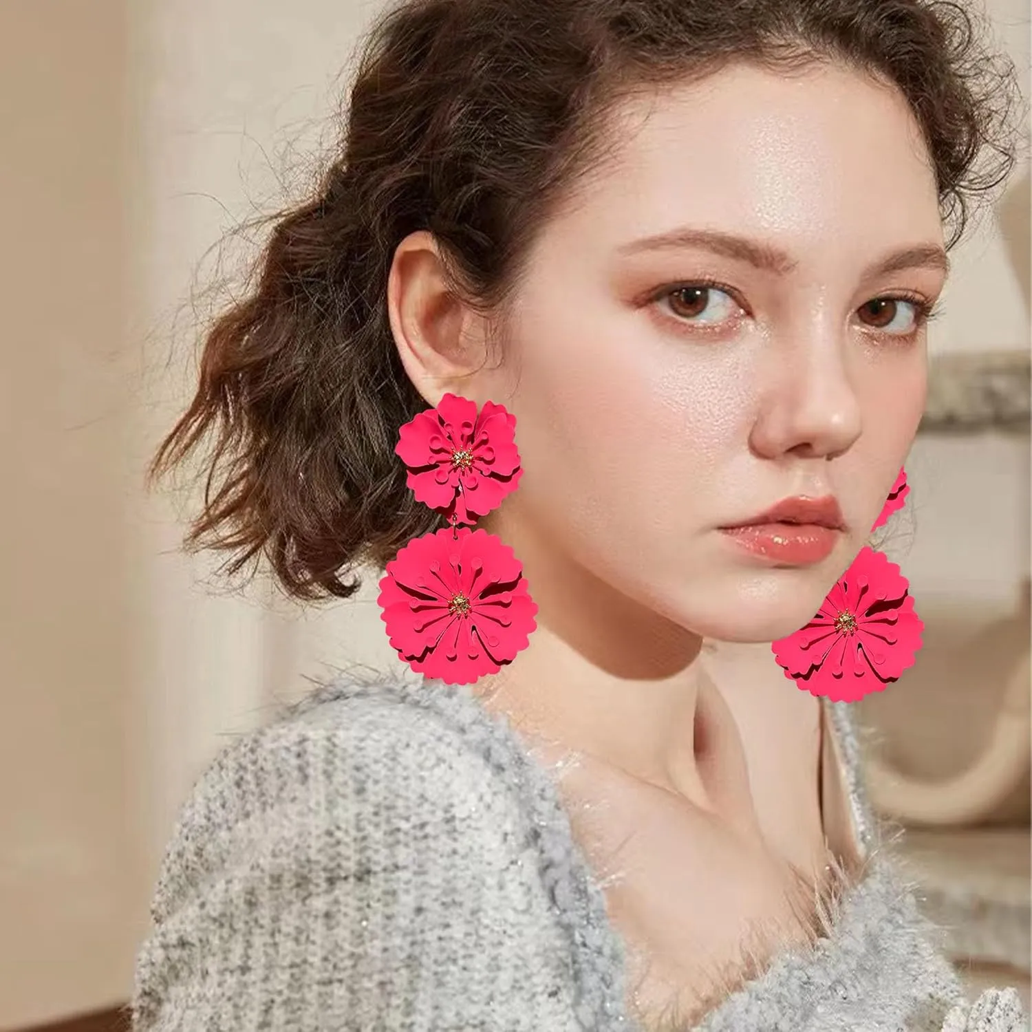 YUNXI Metal Flower Earrings for Women Large Flower Petal Statement Stud Exaggerated Floral Boho Earrings Birthday Jewelry for Women Jewelry