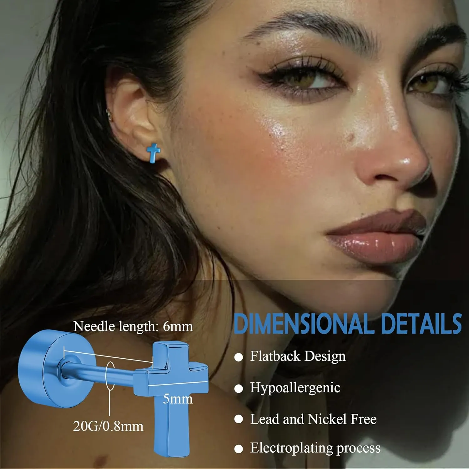 ZDE Women Earrings Flat Back Cross Earrings Small Religious Faith Earrings Titanium Hypoallergenic Cartilage Earrings Studs for Sensitive Ears Screw On Stud Earring