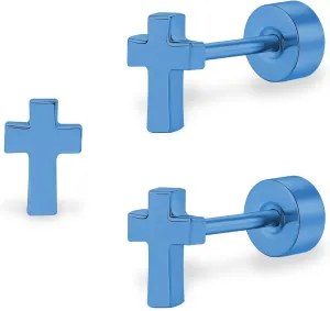 ZDE Women Earrings Flat Back Cross Earrings Small Religious Faith Earrings Titanium Hypoallergenic Cartilage Earrings Studs for Sensitive Ears Screw On Stud Earring