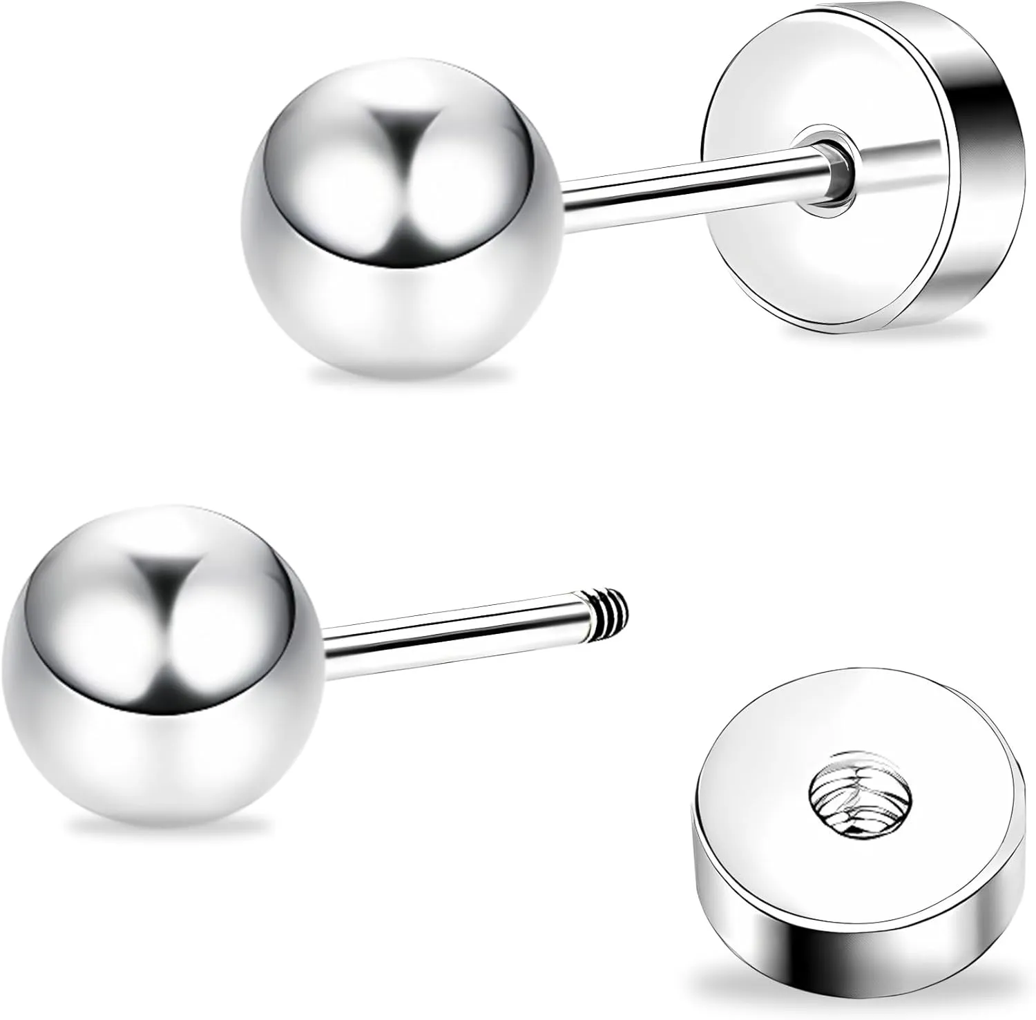 ZDE Women Flat Back Ball Stud Earrings Titanium Hypoallergenic Earrings Stud for Sensitive Ears Simple Classic 3mm-5mm Flat Stud Earring Perfect for Helix Tragus Cartilage Earlobe