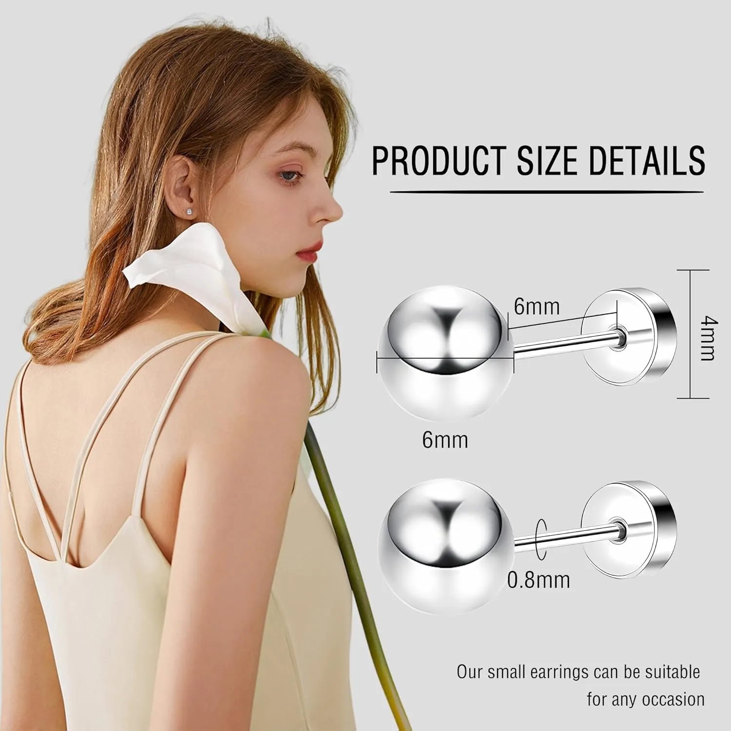 ZDE Women Flat Back Ball Stud Earrings Titanium Hypoallergenic Earrings Stud for Sensitive Ears Simple Classic 3mm-5mm Flat Stud Earring Perfect for Helix Tragus Cartilage Earlobe