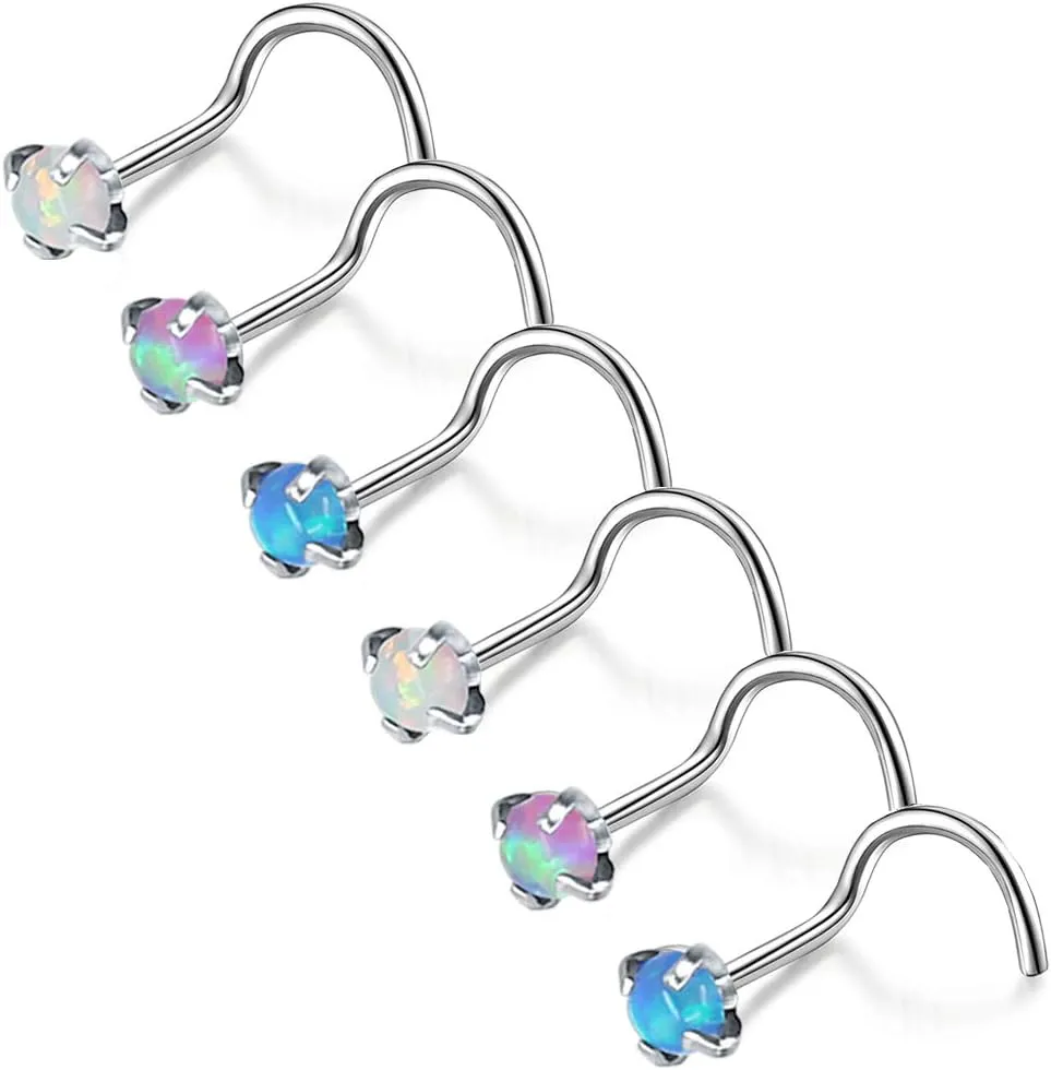 ZS 5 Pieces Opal Nose Studs 20 Gauge Nose Pin Blue Nose Piercing Stud Stainless Steel Nose Stud Retainer L-Shape