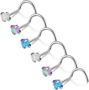 ZS 5 Pieces Opal Nose Studs 20 Gauge Nose Pin Blue Nose Piercing Stud Stainless Steel Nose Stud Retainer L-Shape