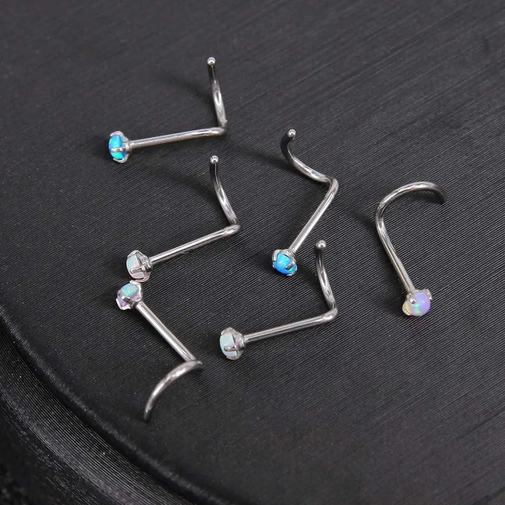 ZS 5 Pieces Opal Nose Studs 20 Gauge Nose Pin Blue Nose Piercing Stud Stainless Steel Nose Stud Retainer L-Shape